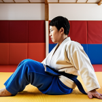 A person with a disability practicing Judo, showing improved physical strength and flexibility, with a supportive instructor in a bright dojo setting.