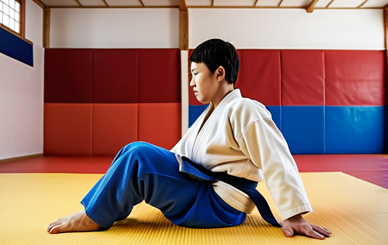 A person with a disability practicing Judo, showing improved physical strength and flexibility, with a supportive instructor in a bright dojo setting.