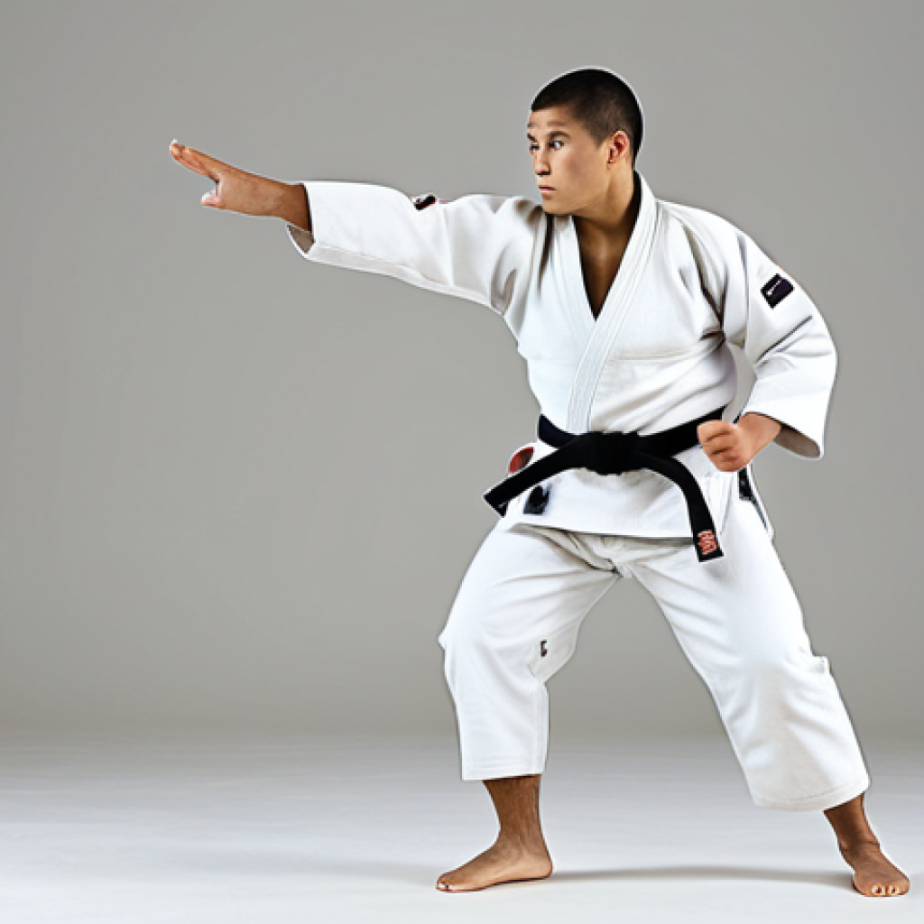 유도 올림픽 준비 과정 - "A determined Judo athlete in a fully clothed Judo uniform, practicing a throw during a training ses...