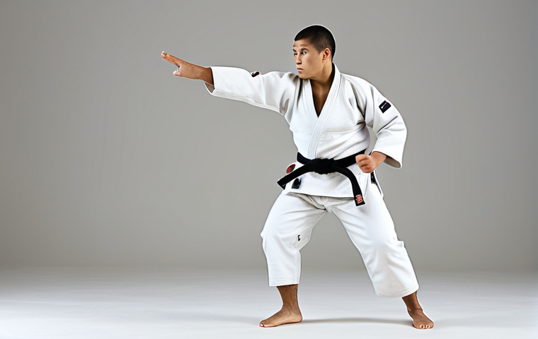 유도 올림픽 준비 과정 - "A determined Judo athlete in a fully clothed Judo uniform, practicing a throw during a training ses...