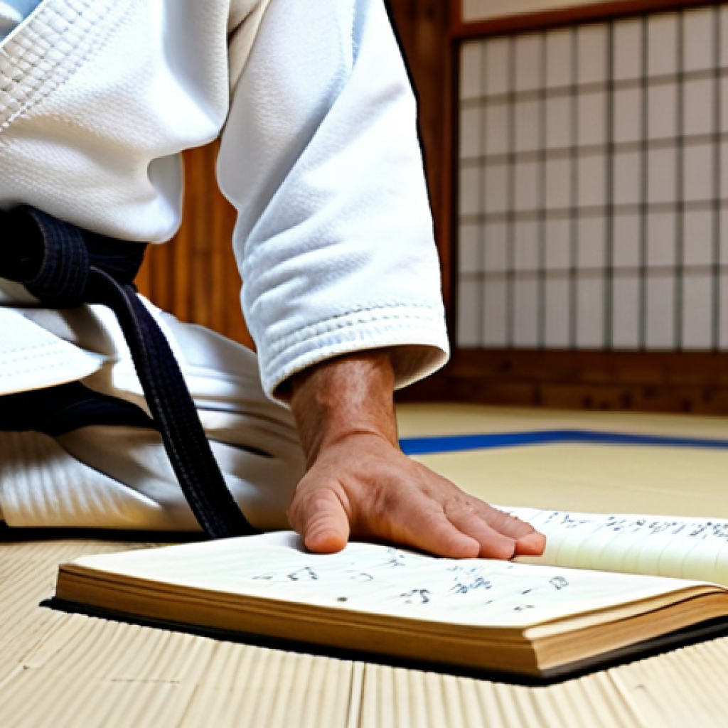 유도 수련일지 작성법 - **A male or female judoka, aged 20s-30s, is seated in a quiet, softly lit corner of a traditional ju...
