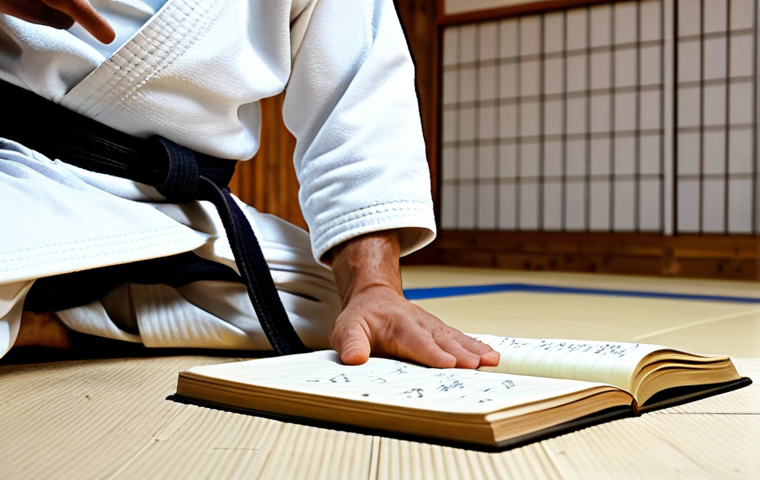 유도 수련일지 작성법 - **A male or female judoka, aged 20s-30s, is seated in a quiet, softly lit corner of a traditional ju...