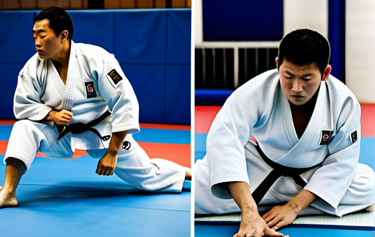 유도 수련일지 작성법 - **A male or female judoka, aged 20s-30s, is seated in a quiet, softly lit corner of a traditional ju...