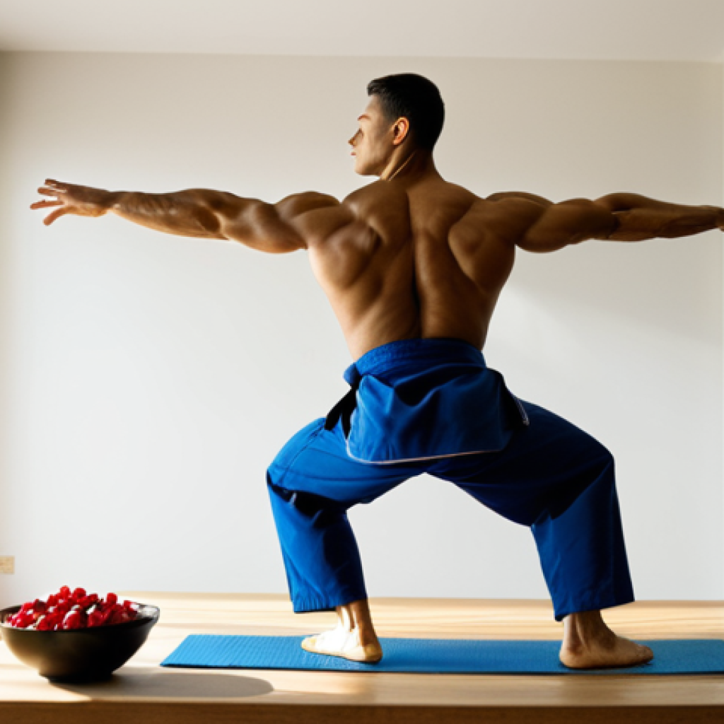 유도 프로 선수의 루틴 - **Prompt:** A professional judo athlete performs dynamic morning stretches in a minimalist, sunlit a...