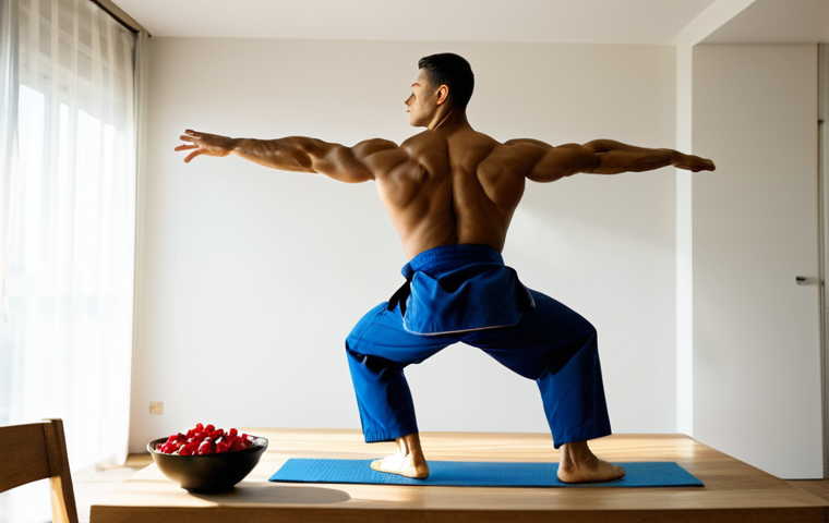 유도 프로 선수의 루틴 - **Prompt:** A professional judo athlete performs dynamic morning stretches in a minimalist, sunlit a...