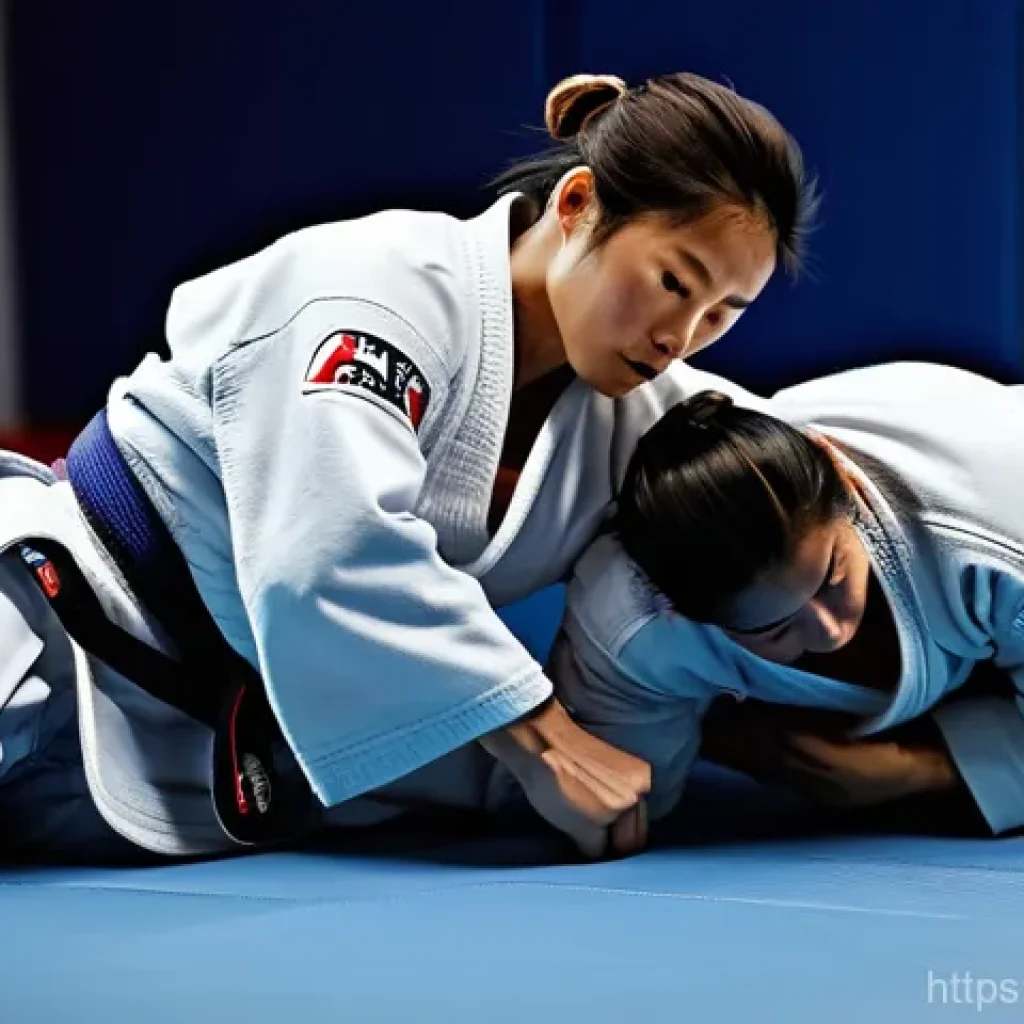 유도와 주짓수 비교 - A dynamic scene inside a brightly lit martial arts dojo, showcasing both Judo and Jiu-Jitsu simultan...