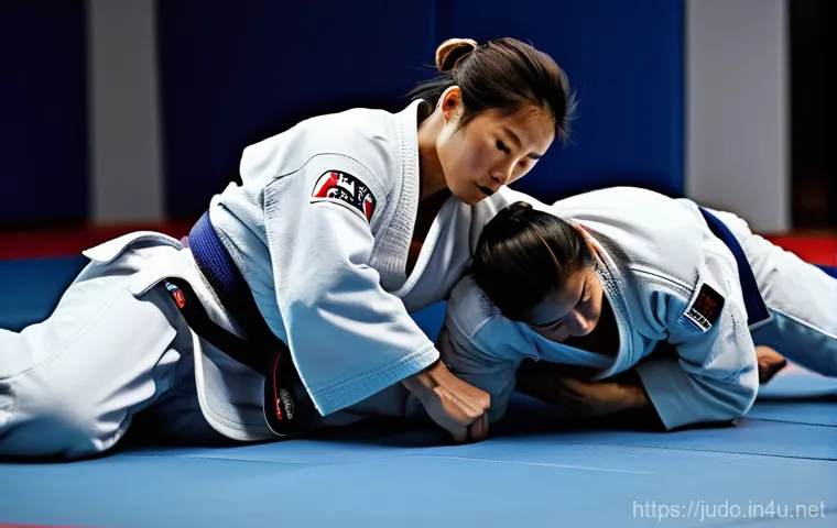 유도와 주짓수 비교 - A dynamic scene inside a brightly lit martial arts dojo, showcasing both Judo and Jiu-Jitsu simultan...