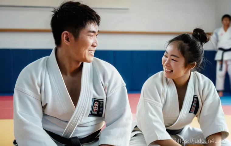 유도와 친구들과의 훈련 - **Prompt**: A detailed, realistic photograph of two young male judoka in their early twenties, one K... 유도와 친구들과의 훈련 - **Prompt**: A detailed, realistic photograph of two young male judoka in their early twenties, one K...