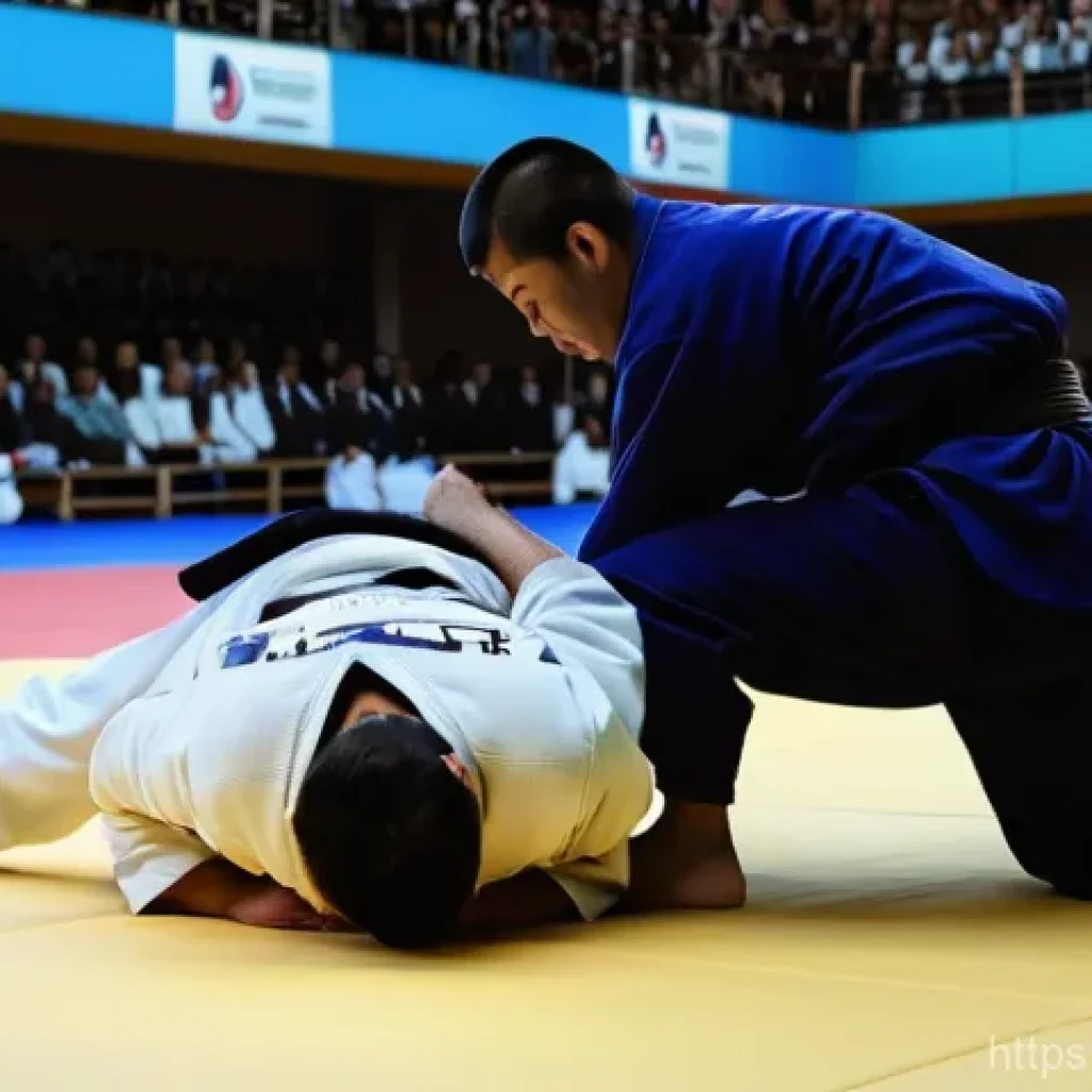 유도 및 호신술 차이 - A dynamic wide shot of two adult male judokas, aged between 25-35, wearing traditional white and blu...