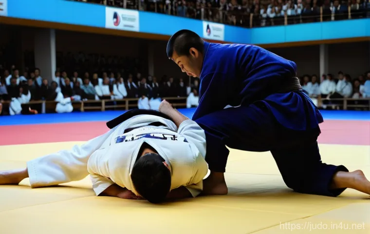 유도 및 호신술 차이 - A dynamic wide shot of two adult male judokas, aged between 25-35, wearing traditional white and blu...