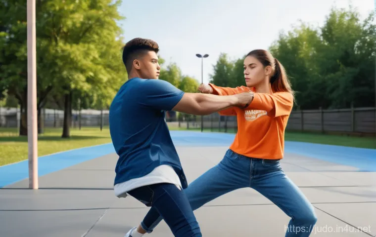 유도 및 호신술 차이 - A dynamic wide shot of two adult male judokas, aged between 25-35, wearing traditional white and blu...