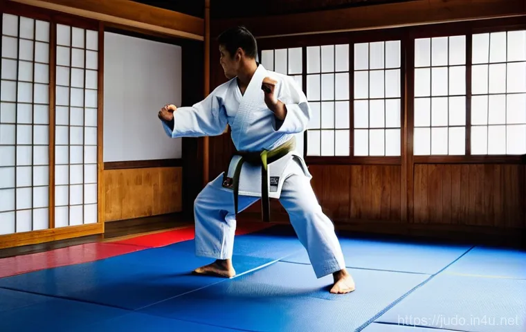 유도 스파링 규칙 - **Prompt:** A dynamic scene inside a brightly lit judo dojo, focusing on a safe and educational spar...