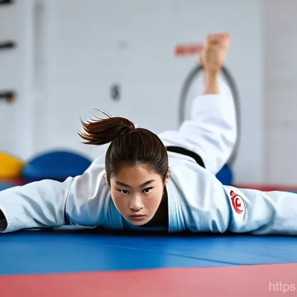 유도 시합 준비 체크리스트 - A focused judo athlete, male or female, wearing a clean, traditional judogi, performs dynamic stretc...
