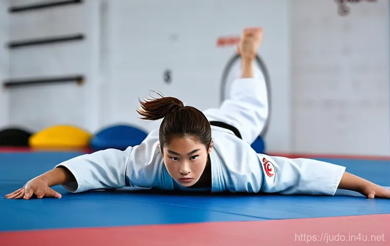 유도 시합 준비 체크리스트 - A focused judo athlete, male or female, wearing a clean, traditional judogi, performs dynamic stretc...