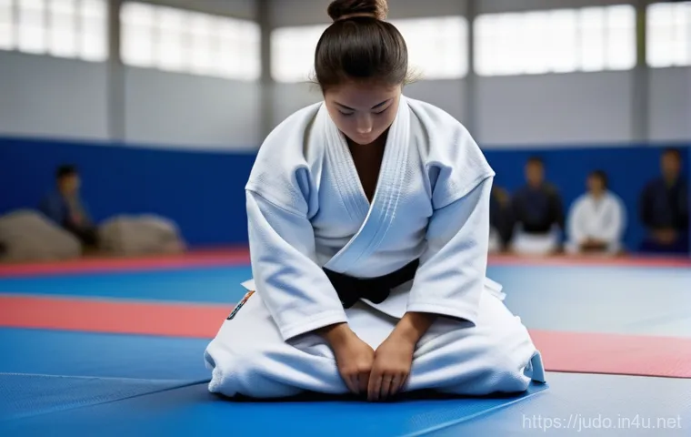 유도 시합 준비 체크리스트 - In a brightly lit dojo, a male or female judo athlete, wearing a crisp judogi, sits intently, analyz...