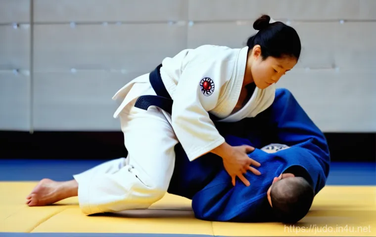 유도 관절 기술 종류 - **Ude Garami (Bent Arm Lock)**: A close-up action shot of two judokas, both adult males in their lat...