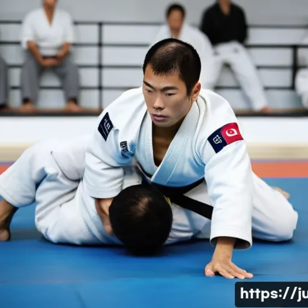 유도 훈련 후 기록 관리 방법 - A dynamic, full-body shot of a male judoka in a white judogi executing a powerful throw (e.g., Ippon...