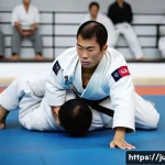 Home 22 유도 훈련 후 기록 관리 방법 - A dynamic, full-body shot of a male judoka in a white judogi executing a powerful throw (e.g., Ippon...