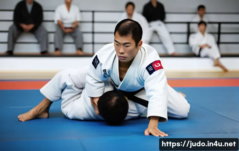 유도 훈련 후 기록 관리 방법 - A dynamic, full-body shot of a male judoka in a white judogi executing a powerful throw (e.g., Ippon...