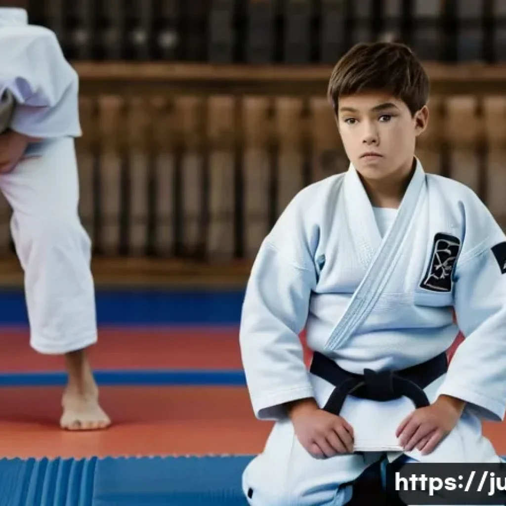 유도 고급 기술 설명 - A focused young judoka, around 17 years old, with an intense yet calm expression, stands on the edge...