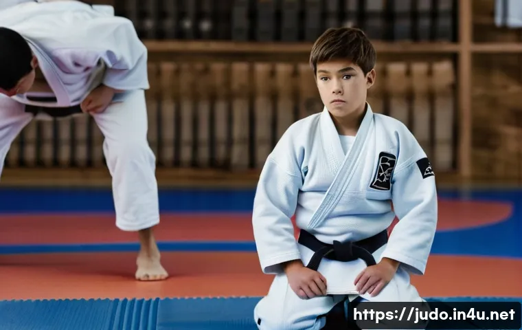 유도 고급 기술 설명 - A focused young judoka, around 17 years old, with an intense yet calm expression, stands on the edge...
