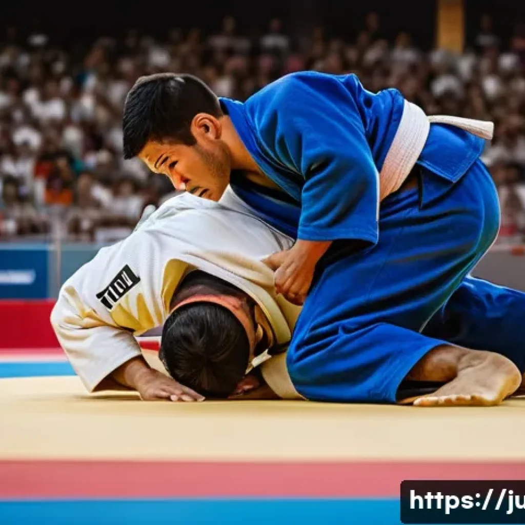 유도 경기장 내부 소개 - **Dynamic Judo Match in a Modern Arena**
    A wide shot capturing two professional judo athletes, o...
